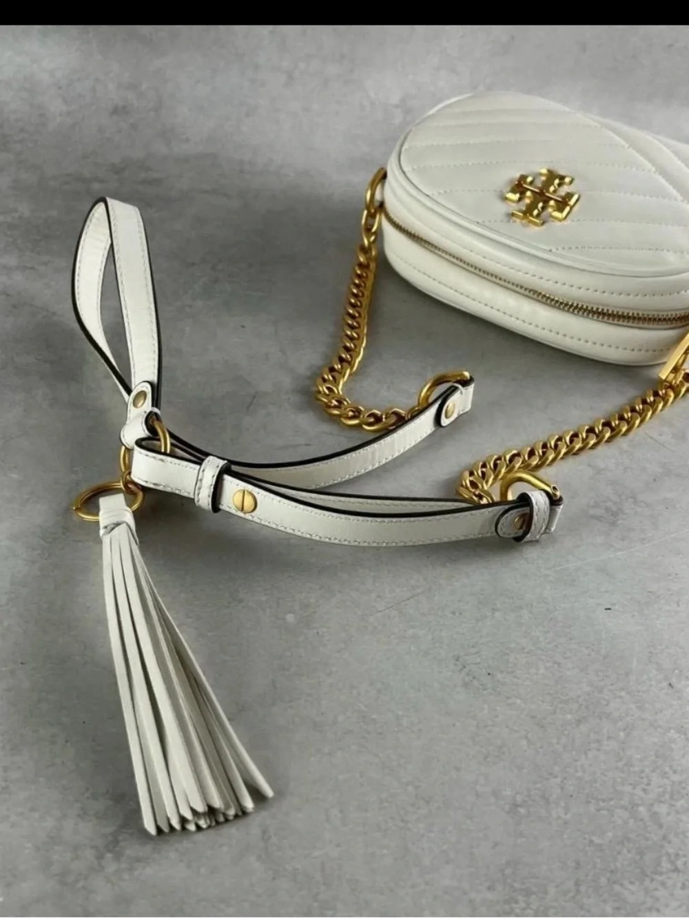 Tory Burch Kira Chevron Small Leather Crossbody Bag with white dust bag